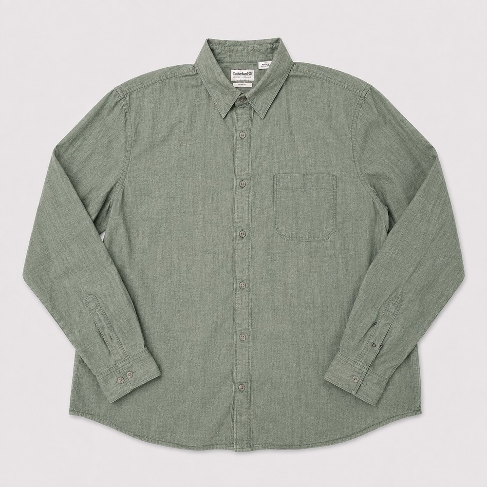 Timberland Mens L Slim Fit Green Chambray Button Up Shirt Cotton Casual